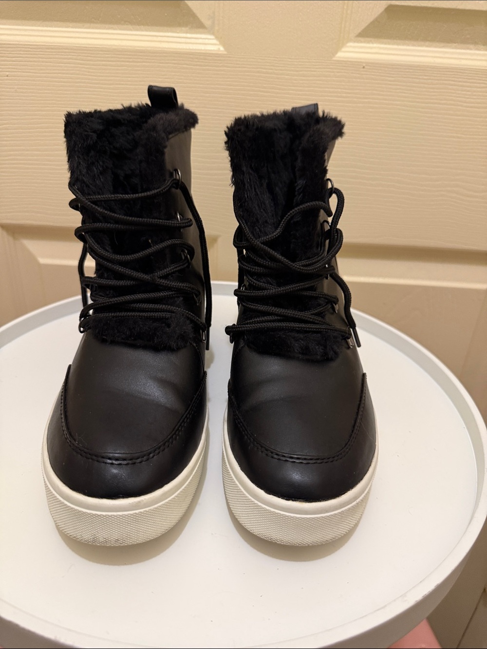 Brash Black Faux-Fur Lace-Up Winter Boots with White Sole